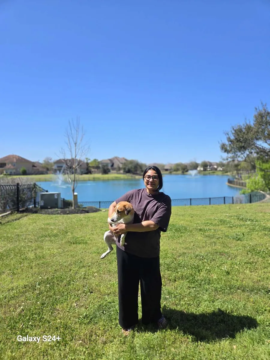 Maruthi, a rescued dog with two working legs, after arriving in the USA for adoption