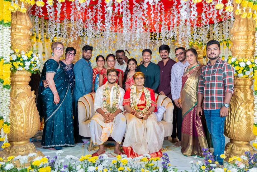 Vikas and Sai Sree's wedding, surrounded by SAFI rescuers and friends